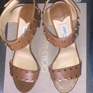 Jimmy Choo edgy Gold Studs spiked Tan Brown Veto 65 low heel sandals open toe